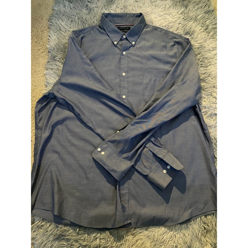 Tommy Hilfiger Men's 2XL Blue Dress Shirt Wrinkle Free Long‎ Sleeve